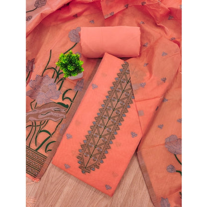 Generic Women's Banarasi Silk Printed Unstitched Salwar Suit Material With Dupatta (Peach, 3Mtrs)