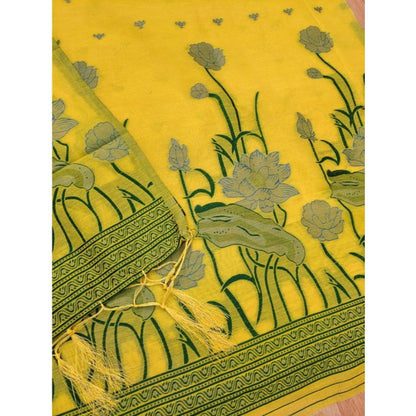 Generic Women's Banarasi Silk Printed Unstitched Salwar Suit Material With Dupatta (Yellow, 3Mtrs)