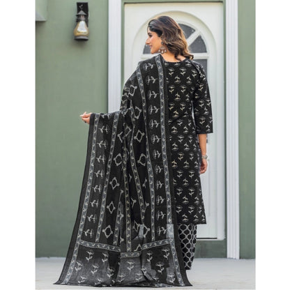 Generic Women's Cotton Blend Printed Kurti With Pant Dupatta Set (Black)