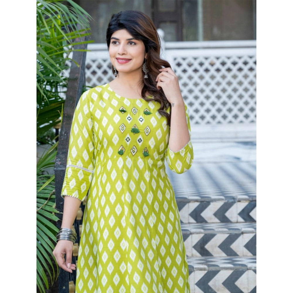 Generic Women's Rayon Print With Embroidery Work A-Line Kurti (Parrot)