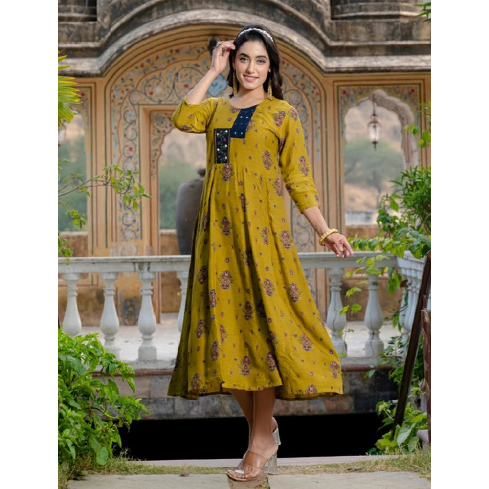 Generic Women's Rayon Print With Embroidery Work A-Line Kurti (Mehendi)