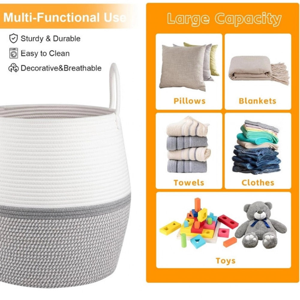 Generic Cotton Matka With Handle 14x12 Inch Storage Basket For Clothes (Gray White)