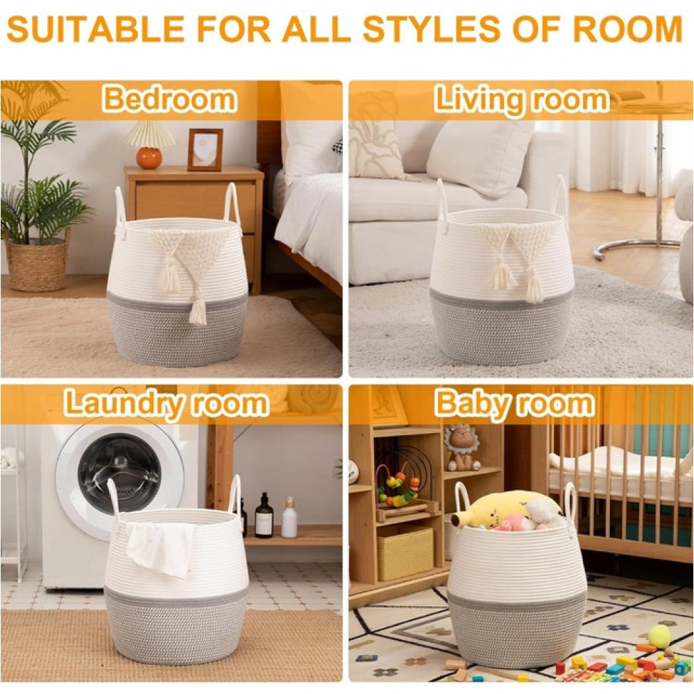 Generic Cotton Matka With Handle 14x12 Inch Storage Basket For Clothes (Gray White)