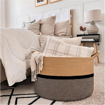 Generic Cotton Dori 16x14 Inch Storage Basket For Clothes (Beige-Beige Black)