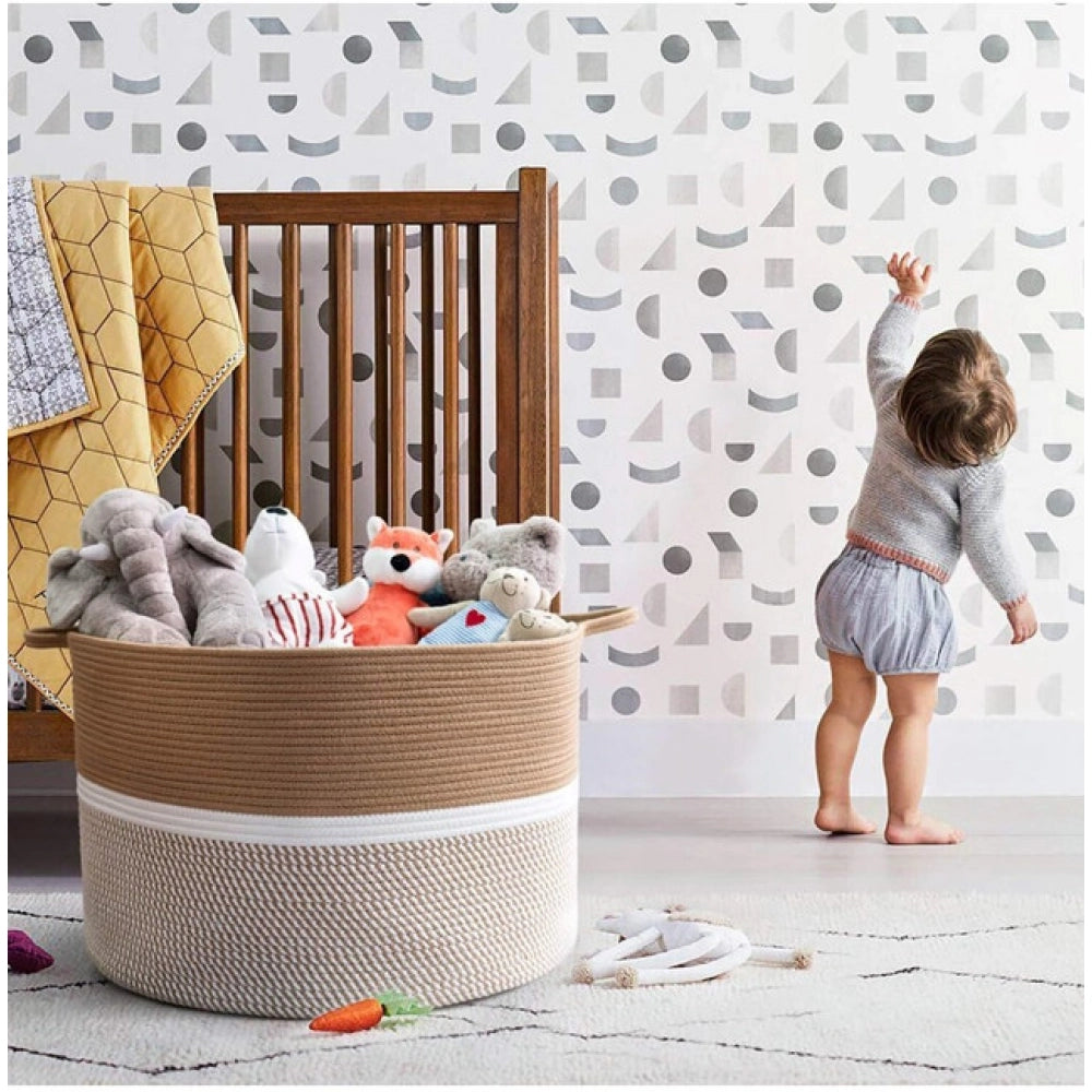 Generic Cotton Dori 16x14 Inch Storage Basket For Clothes (Beige-Beige White)