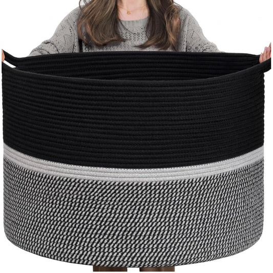Generic Cotton Dori 16x14 Inch Storage Basket For Clothes (Black-Black White)