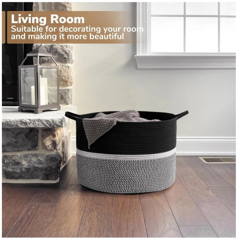 Generic Cotton Dori 16x14 Inch Storage Basket For Clothes (Black-Black White)