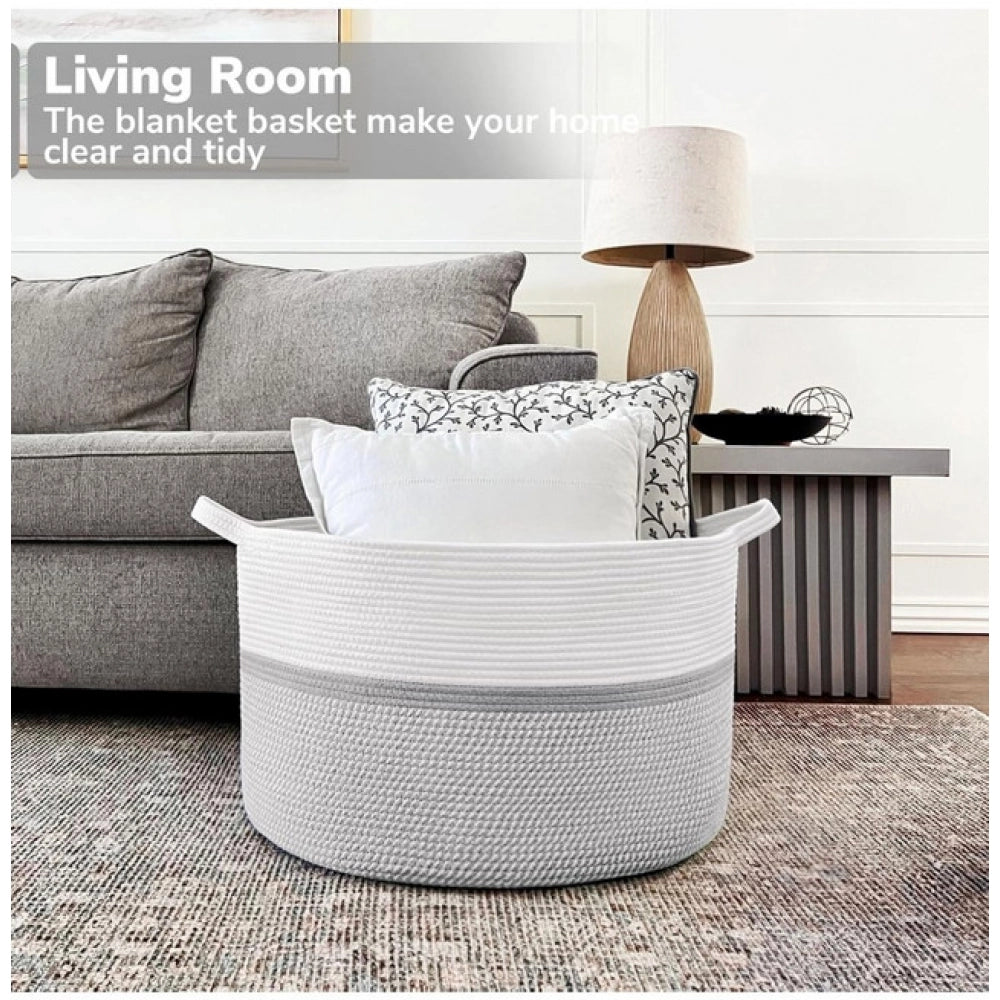 Generic Cotton Dori 16x14 Inch Storage Basket For Clothes (White-Gray White)