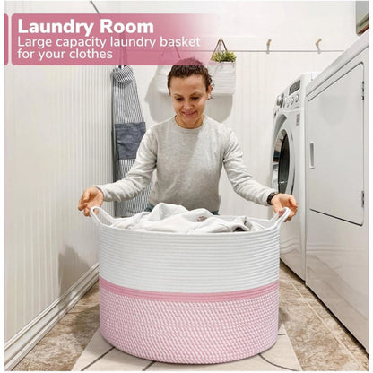Generic Cotton Dori 16x14 Inch Storage Basket For Clothes (White-Pink White)