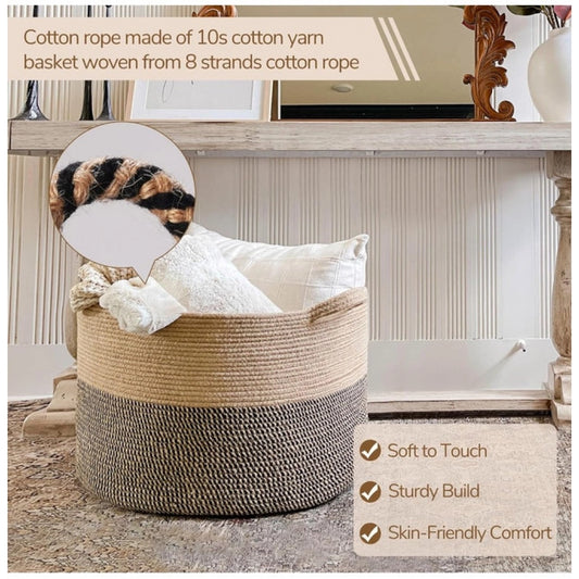 Generic Cotton 16x14 Inch Pack of 1 Storage Basket For Clothes (Beige- Beige Black)