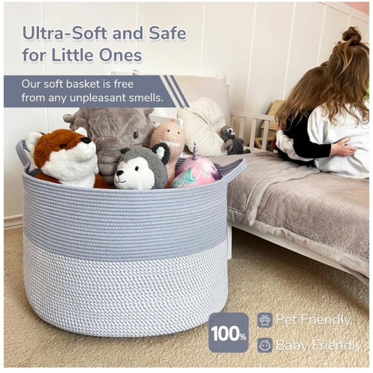 Generic Cotton 16x14 Inch Pack of 1 Storage Basket For Clothes (Gray- Gray White)