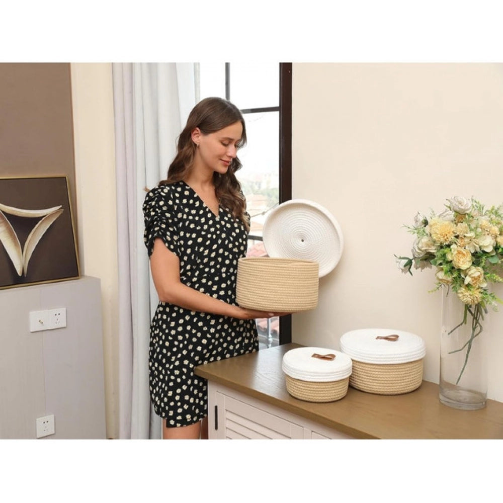 Generic Cotton 3 Pcs Set Roti Box Storage Basket With Lid (Beige)
