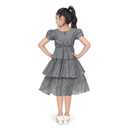 Generic Girl's Artificial Silk Striped Short Sleeve V Neck Dress (Grey)
