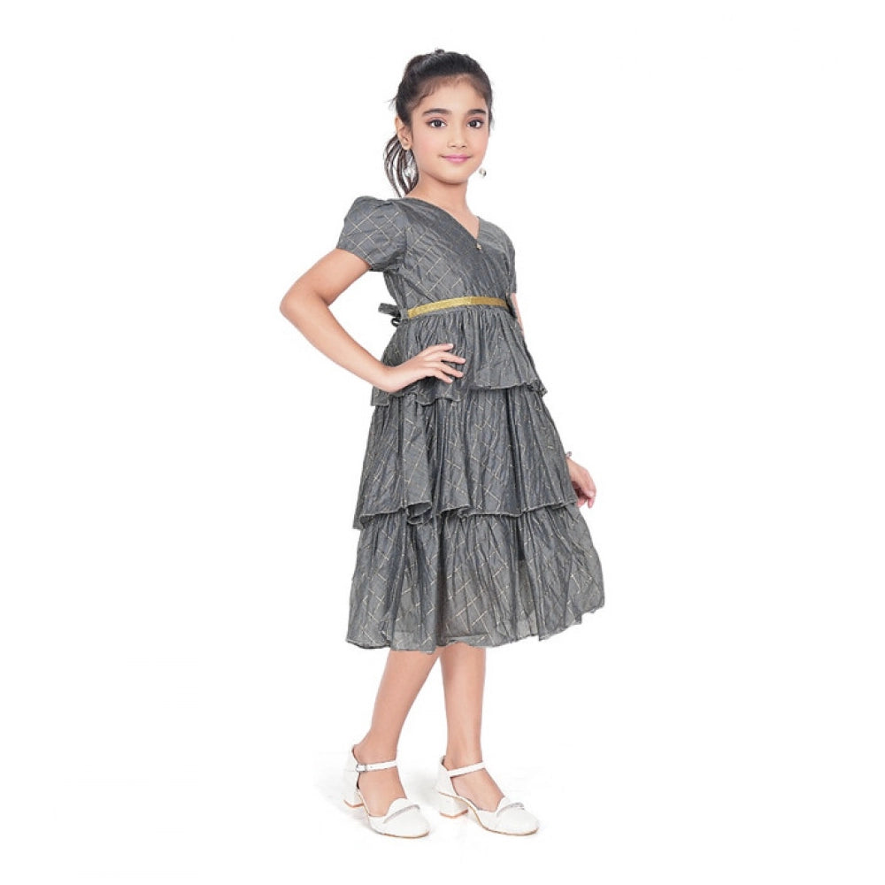 Generic Girl's Artificial Silk Striped Short Sleeve V Neck Dress (Grey)