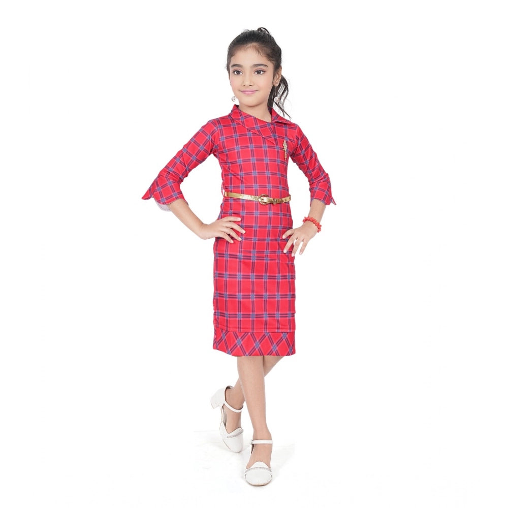 Generic Girl's Knitted Printed 3/4 th Sleeve Close Neck Dress (Pink)