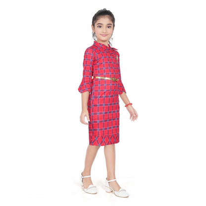 Generic Girl's Knitted Printed 3/4 th Sleeve Close Neck Dress (Pink)