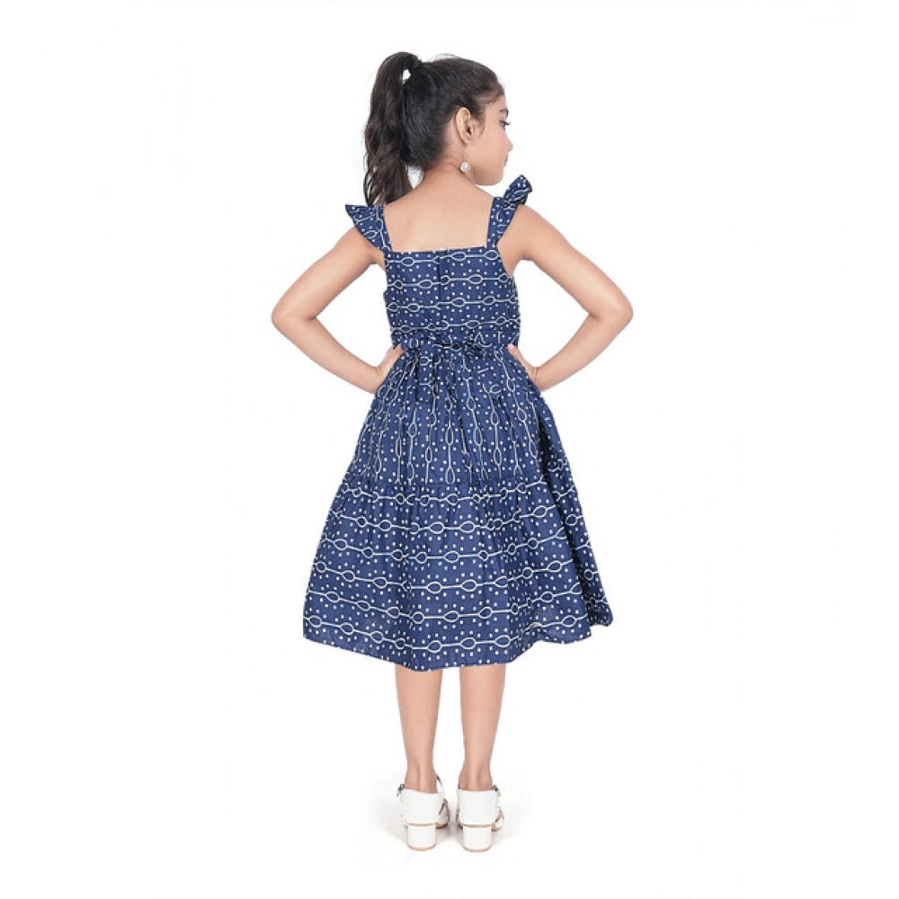 Generic Girl's Cotton Printed Sleeve Less Squre Neck Dress (Navy Blue)