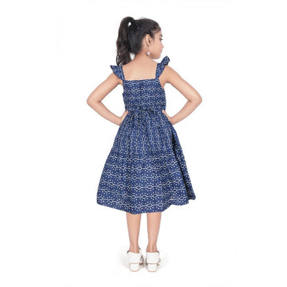 Generic Girl's Cotton Printed Sleeve Less Squre Neck Dress (Navy Blue)