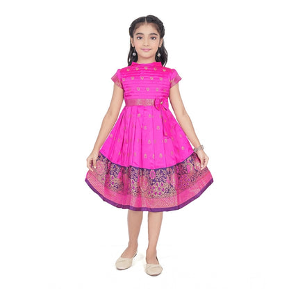 Generic Girl's Brocket Silk Printed Short Sleeve Close Neck Dress (Rani Pink)