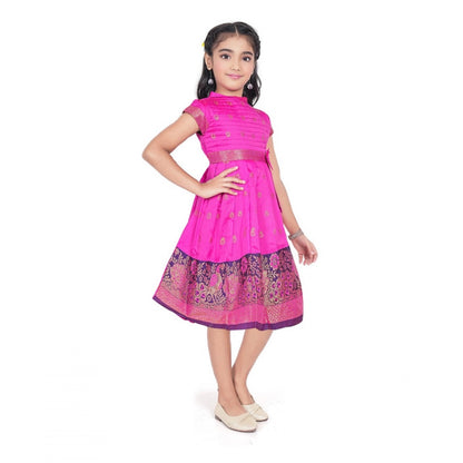 Generic Girl's Brocket Silk Printed Short Sleeve Close Neck Dress (Rani Pink)