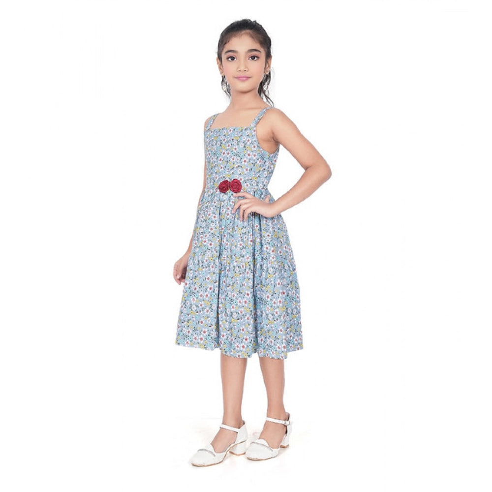Generic Girl's Cotton Printed Sleeve Less Squre Neck Dress (Multicolor)