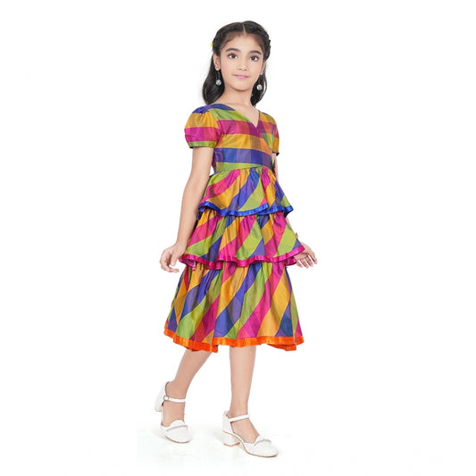 Generic Girl's Taffeta Silk Striped Short Sleeve V Neck Dress (Multicolor)