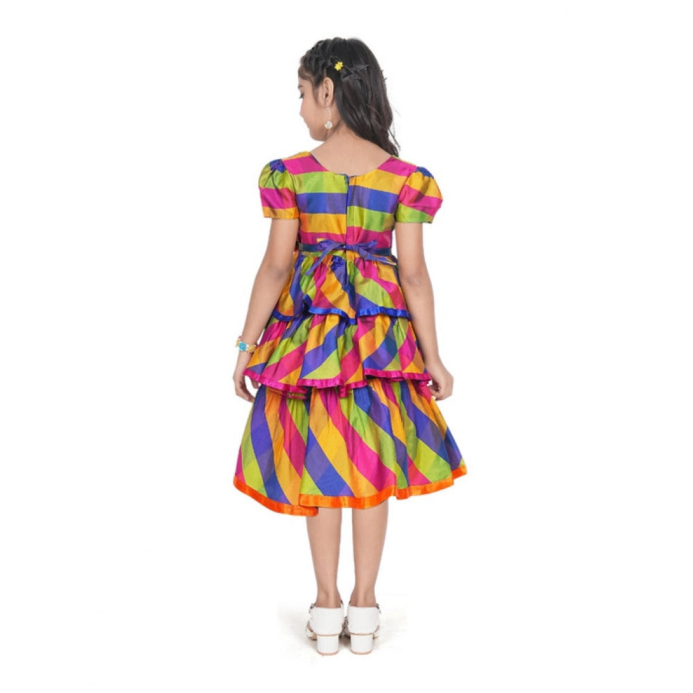 Generic Girl's Taffeta Silk Striped Short Sleeve V Neck Dress (Multicolor)