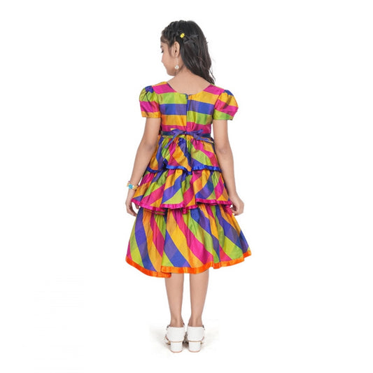 Generic Girl's Taffeta Silk Striped Short Sleeve V Neck Dress (Multicolor)