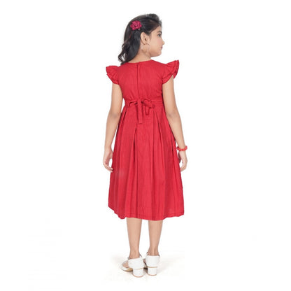 Generic Girl's Rayon Soild Short Sleeve Round Neck Dress (Red)