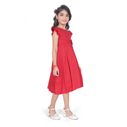 Generic Girl's Rayon Soild Short Sleeve Round Neck Dress (Red)