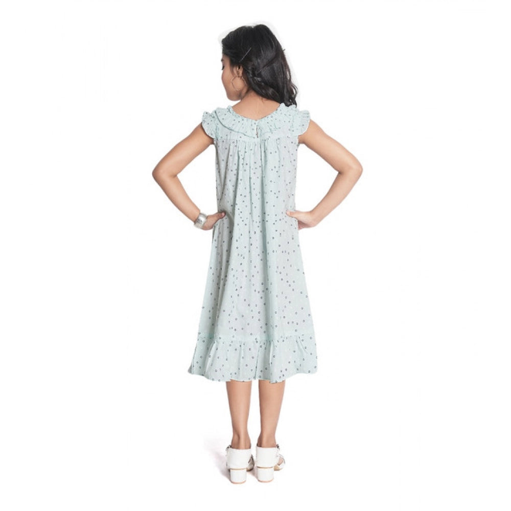 Generic Girl's Heavy Pc Printed Sleeve Less Round Neck Dress (Light Blue)