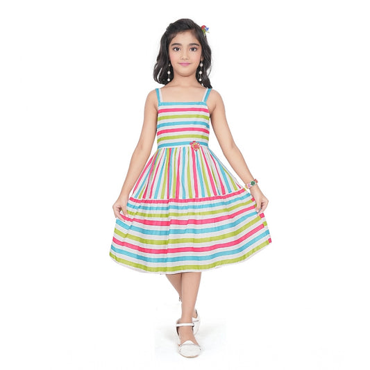 Generic Girl's Cotton Striped Sleeve Less Squre Neck Dress (Multicolor)