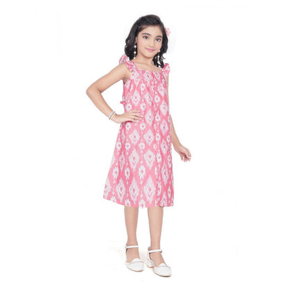 Generic Girl's Cotton Printed Sleeve Less Squre Neck Dress (Pink)