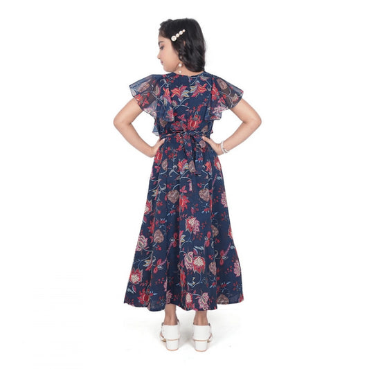 Generic Girl's Shiffon Printed Short Sleeve Round Neck Dress (Blue)