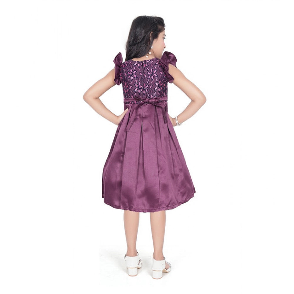 Generic Girl's Satin Printed Sleeve Less Round Neck Dress (Purple)