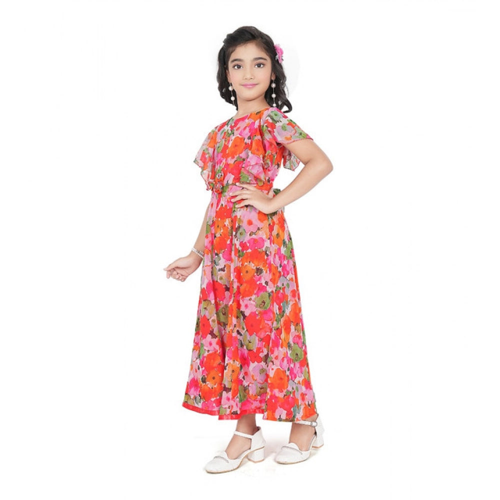 Generic Girl's Shiffon Printed Short Sleeve Round Neck Dress (Multicolor)