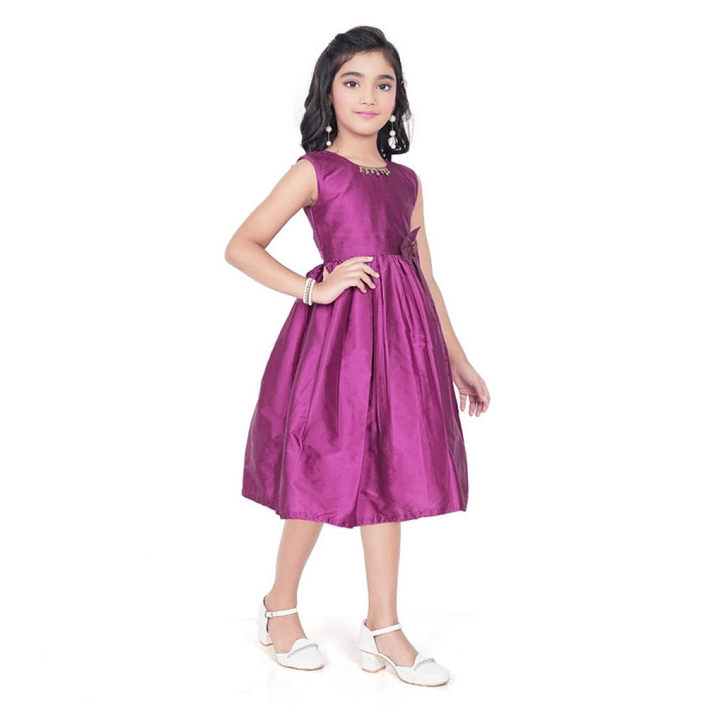 Generic Girl's Taffeta Silk Soild Sleeve Less Round Neck Dress (Purple)