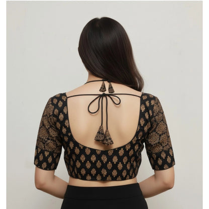 Generic Women's Ajrakh Cotton Printed Sweetheart Padded Blouse (Black 38 Ready (Self Alterable 36–40)