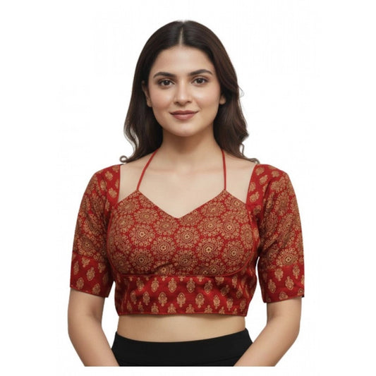 Generic Women's Ajrakh Cotton Printed Sweetheart Padded Blouse (Red 38 Ready (Self Alterable 36–40)