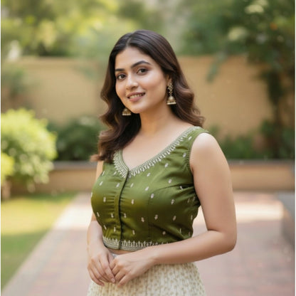 Generic Women's Zimmi Choo Sequin Work V-Neck Padded Blouse (Olive 38 Ready (Self Alterable 36–40)