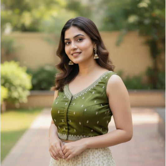 Generic Women's Zimmi Choo Sequin Work V-Neck Padded Blouse (Olive 38 Ready (Self Alterable 36–40)