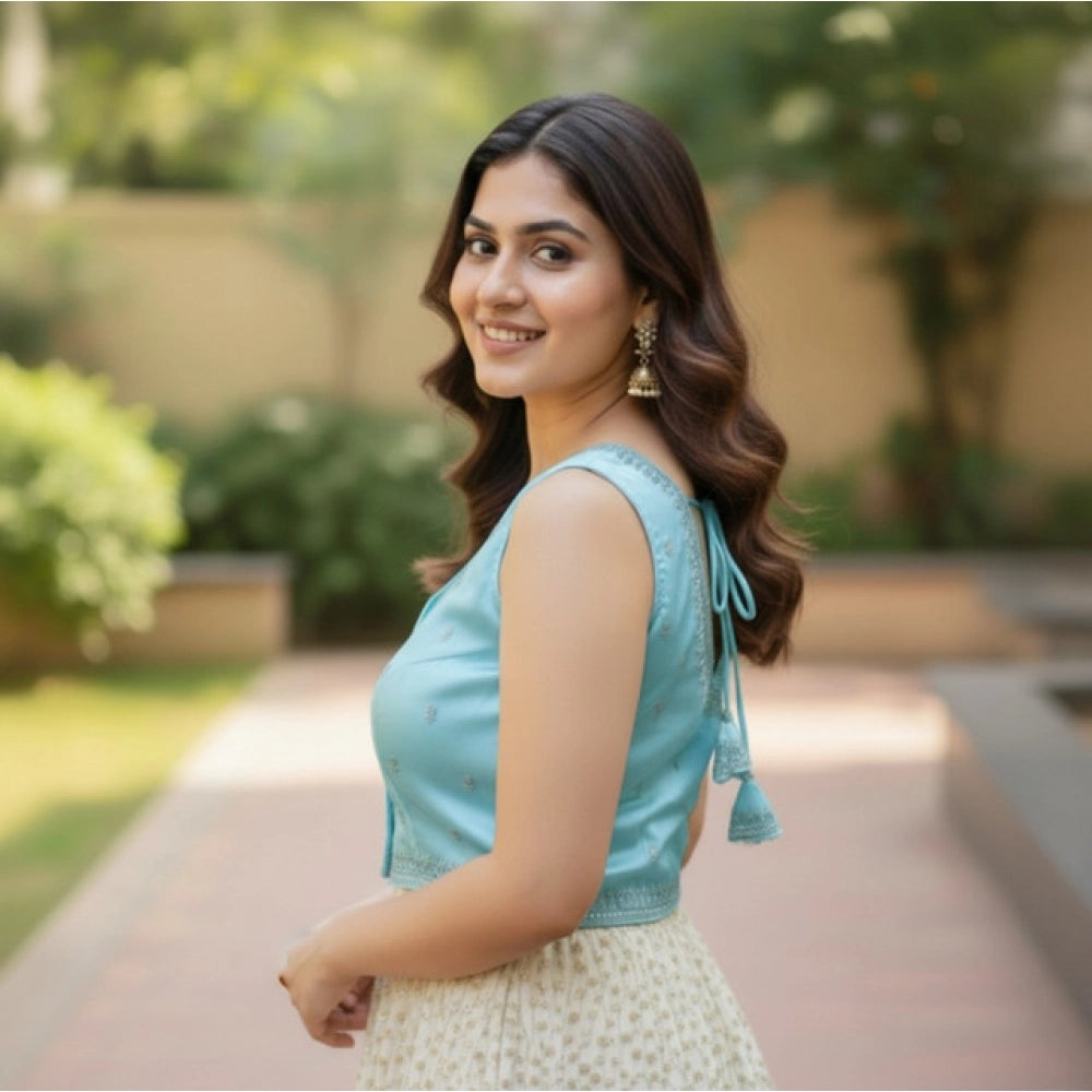 Generic Women's Zimmi Choo Sequin Work V-Neck Padded Blouse (Sky Blue 38 Ready (Self Alterable 36–40)