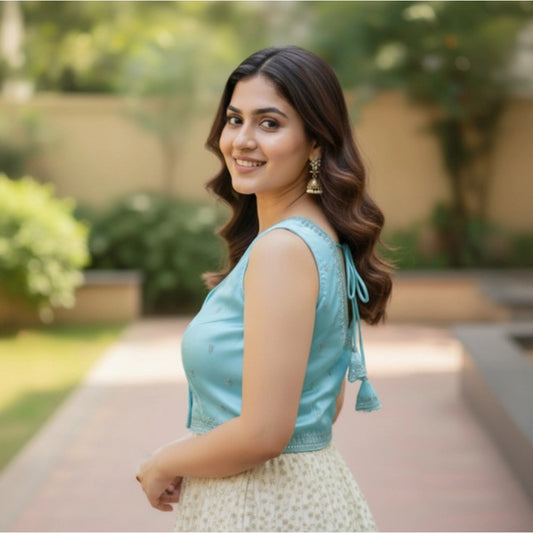 Generic Women's Zimmi Choo Sequin Work V-Neck Padded Blouse (Sky Blue 38 Ready (Self Alterable 36–40)