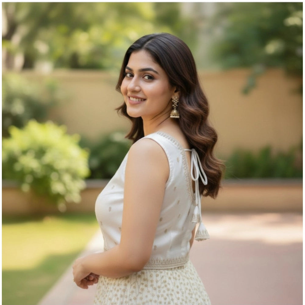 Generic Women's Zimmi Choo Sequin Work V-Neck Padded Blouse (White 38 Ready (Self Alterable 36–40)