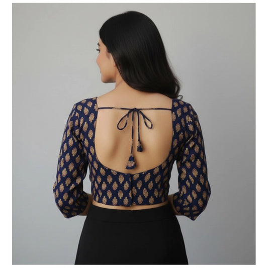 Generic Women's Ajrakh Cotton Printed Halter Neck Padded Blouse (Navy 38 Ready (Self Alterable 36–40)