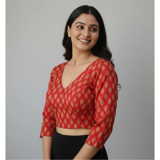 Generic Women's Ajrakh Cotton Printed Halter Neck Padded Blouse (Red 38 Ready (Self Alterable 36–40)